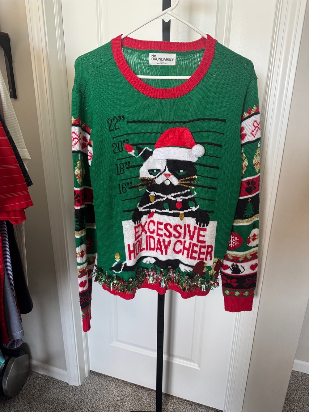 No Boundaries Green & Red Grumpy Cat Holiday Sweater